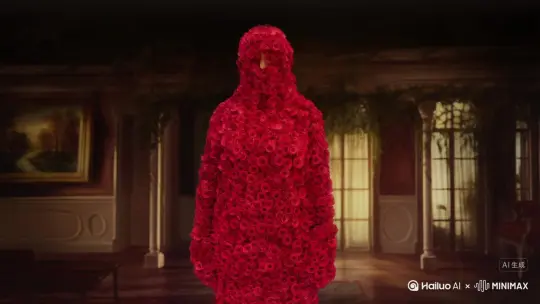 帮我生成一个视频：让图片中的场景动起来，人物变成无数红色玫瑰花瓣消失在视频中，向右吹走，原比例。比例 16:9，时长 5s，模型 高品质 by Hailuo AI Video Generator