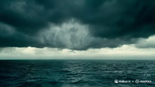 第一视角，天色阴沉，云层压低，正在下雨，我漂浮在海面上，海面一望无际，海面波涛汹涌，我低头钻进水里，海底深渊里缓缓浮出一个庞大的恐怖巨物，大到几乎占满屏幕，它凝视着我 by Hailuo AI Video Generator