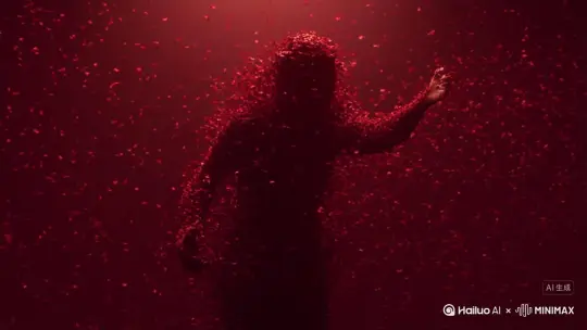 主体人物身上变出一大团微小深红色花瓣，花瓣向外爆炸式扩散主体人物身体，随之从四肢开始逐渐瓦解，化作无数红色粒子轻盈飘散，最终人物完全消失在漫天飞舞的花瓣中，人物完全消失，写实风格电影光效。 by Hailuo AI Video Generator