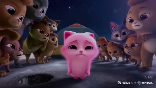 一只粉色的小猫咪，不想呆在地球，想到外太空看看，要自己出去历险，朋友们都含着眼泪送她走。 by Hailuo AI Video Generator