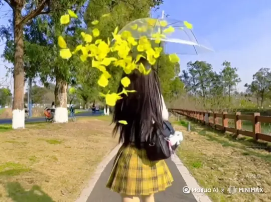 让图片中的场景动起来，人变成无数黄色花瓣消失在视频中，向右吹走，原比例。比例4：3[左移,右摇,跟随]时长5s，模型高品质 by Hailuo AI Video Generator