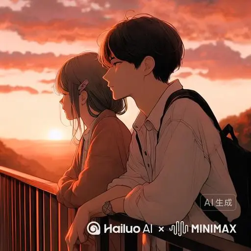 依然记得那天我们依靠在栏杆旁，看着夕阳，很美，很好 by Hailuo AI Video Generator