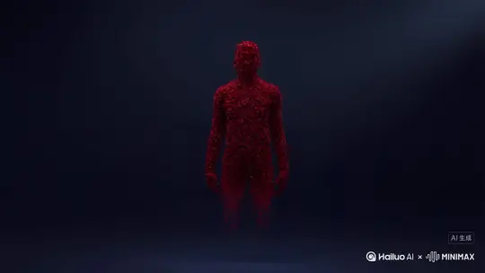 主体人物身(A large cluster of tiny dark red petals emerge from the main character's body. The petals spread out in an explosive manner. Subsequently, the main character's body begins to disintegrate starting from the limbs, transforming into countless red particles that float and disperse gently. Eventually, the character completely fades away amidst the fluttering petals, disappearing entirely. Realistic style with cinematic lighting effects by Hailuo AI Video Generator