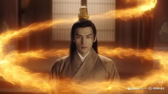 一个黑色长发和金色发饰的20岁中国美男子，面容俊美，穿着唐代服装，美丽帅气，气质高冷优雅。围绕着火焰和光晕，光线昏暗，饱和度低，暖光。细节丰富，电影风格，镜头推进，丰富细节 by Hailuo AI Video Generator