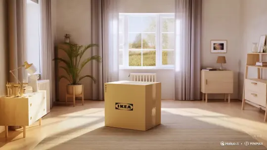 [“description": "Cinematic shot of a sunlit Scandinavian bedroom. Asealed IKEA box trembles, opens, and flat pack furniture assemblesrapidly into a serene, styled room highlighted by a yellow lKEA throw onthe bed. No text.",
"style": cinematic"
"camera". "fixed wide angle"
"lighting": "natural warm with cool accents""room". "Scandinavian bedroom""elements".[
"IKEA box (logo visible)"
"bed with yellow throw"
"bedside tables"
"lamps"
"wardrobe"
"shelves"
"art"
"rug"
"curtains""reading chair""plants”]
motion"."box opensfurniture assembles precisely and rapidly" by Hailuo AI Video Generator