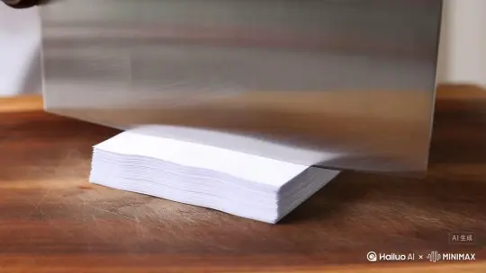 为我生成菜刀切一摞厚纸的视频  声音听起来要脆脆的 by Hailuo AI Video Generator