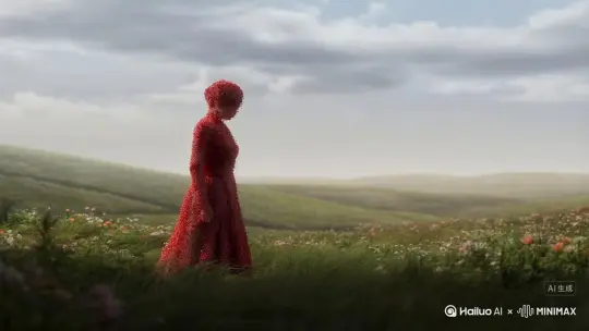 帮我生成一个视频：让图片中的场景动起来，人物变成无数红色颗粒消失在视频中，向右吹走，原比例。比例 16:9，时长 5s，模型 高品质 by Hailuo AI Video Generator