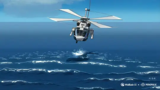 现实环境不要卡通风格
镜头1（0-1.5秒）：
"Aerial view of SH-60 Sea Hawk helicopter flying over ocean, 30-degree angle, 2D animation style
Blue ocean with wave patterns, white helicopter with red markings
120 knots speed represented with motion blur lines
24fps, clean background with gradient blue water"

镜头2（1.5-3秒）：
"Camera following helicopter as it descends toward ocean surface
Height transition from high altitude to 50 meters above water
Water reflection effect showing aircraft silhouette
White wake trail forming behind helicopter"

镜头3（3-4.5秒）：
"Close-up of helicopter details:
- Front windshield reflecting sunlight
- Pilot helmet silhouette visible inside
- External equipment swaying with flight motion
- Rotating propeller creating motion blur effect above"

镜头4（4.5-6秒）：
"Ocean surface close-up:
- Rotor downwash creating 1.5m white waves
- Sunlight creating sparkling water particles
- Wake trail extending and dissipating
- Dynamic water movement animation"
{
  "motion_type": "fluid",
  "style": "clean_2d",
  "color_palette": "blue_gradient",
  "lighting": "sunlit",
  "water_effects": "dynamic_waves",
  "detail_level": "high",
  "fps": 24
}
"Water animation technique:
- Use displacement maps for wave patterns
- Add particle effects for spray and foam
- Create perspective lines for wake trail
- Apply motion blur to fast-moving elements"
"Helicopter movement:
- Main body: steady horizontal motion
- Rotors: circular animation with speed lines
- External elements: subtle oscillation
- Perspective changes with altitude"
"Transition techniques:
- Smooth camera movement between wide and close shots
- Maintain consistent lighting throughout
- Use parallax to enhance depth perception
- Add subtle motion blur during altitude changes" by Hailuo AI Video Generator