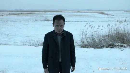 随着镜头[拉远,上升,下摇]，中国男人双臂下垂，人物呈现破碎感，背景雪地上的枯草被风摇曳，周围荒芜，没有人烟，镜头运动流畅连贯， by Hailuo AI Video Generator