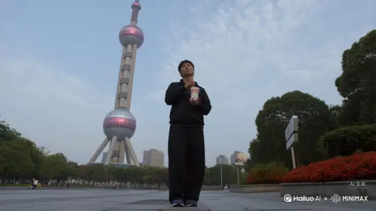 一个一个人站在东方明珠塔旁边喝蜜雪冰城，东方明珠塔发射一道激光，把那个人打倒了 by Hailuo AI Video Generator