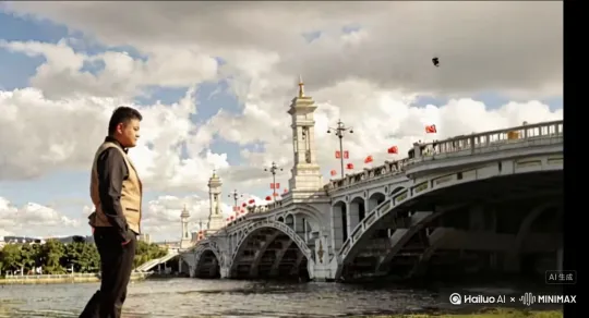 让图片中的场景人物动起来，人物变成无数紫色花瓣消失在视频中，向右全部吹走，原比例 by Hailuo AI Video Generator