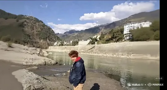 让图片中的场景人物动起来，人物变成无数紫色花瓣消失在视频中，向右全部吹走，原比例 by Hailuo AI Video Generator