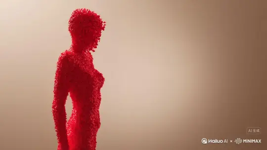 帮我生成一个视频：让图片中的场景动起来 人物变成无数红色花瓣颗粒消失在视频中 从头上向右吹走 原比例 原色彩保持不动 by Hailuo AI Video Generator