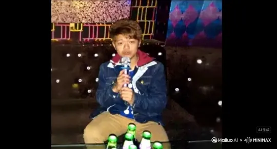 让图片中的场景人物动起来，人物变成无数紫色花瓣消失在视频中，向右全部吹走，原比例 by Hailuo AI Video Generator