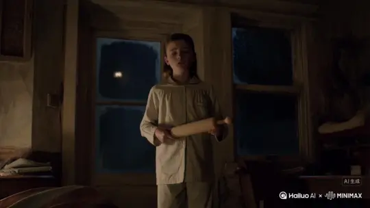 [推出,上升,下摇]一个女孩，独自居住在一个上了年代的房子里，夜晚时分，发现窗户外有动静，手持擀面杖往窗外看，突然蹦出一个透明的影子，女孩看到松了口气，原来是鬼啊！还以为是人，还好是鬼。把窗户一关睡觉去了。 by Hailuo AI Video Generator