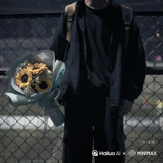 帮我生成一个视频：让图片中的场景动起来，人物与花变成无数红色颗粒消失在视频中，向右吹走，原比例。比例 16:9，时长 8s，模型 高品质 by Hailuo AI Video Generator
