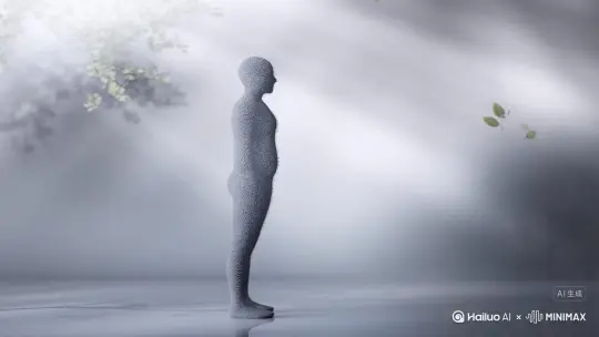 帮我生成一个视频：让图片中的场景动起来，人物变成无数灰色颗粒消失在视频中，向右吹走，原比例。比例 16:9，时长 5s，模型 高品质 by Hailuo AI Video Generator