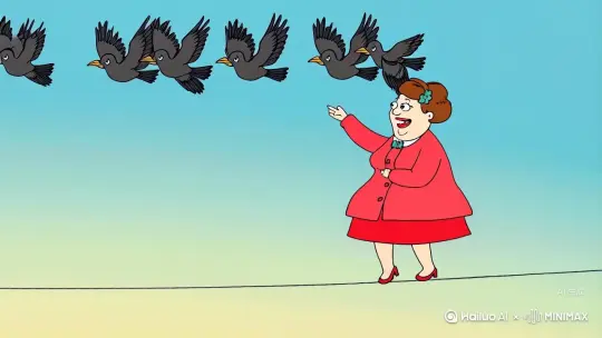 一个肥胖衣着光鲜的妇女在走高空钢丝，一群乌鸦飞过，妇女掉落，被一只会飞的乌龟接住 by Hailuo AI Video Generator