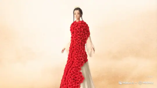帮我生成一个视频:让图片中的场景动起来人物变成无数玫瑰花瓣消失在视频中向右吹走(玫瑰花瓣数量只在人物慢慢中涌出，然后消失)原比例。模型高品质[右移，左猺跟随] by Hailuo AI Video Generator