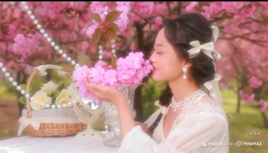 让图片中的场景动起来，人物变成无数红色花瓣[左移,右摇,跟随]消失在视频中，向右吹走，原比例，时长5s，模型，高品质。 by Hailuo AI Video Generator