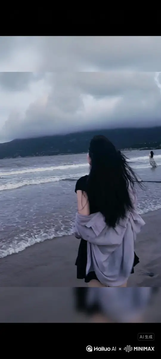 一个女人站在海边，使她成为画面中主角，毫无预兆的，她的身体开始分解成无数鲜红色的花瓣，从肩膀到头部开始，随着她的手逐渐消失，他的衣服头发身影也在不断消失，花瓣逐渐消散，直到只剩下漂浮在空中的红色花瓣，消失在场景下，在整个特效过程中，阴暗的光线必须保持完全不变，红色花瓣缓慢消散，不发光也不反光，并且背景没有扭曲 by Hailuo AI Video Generator
