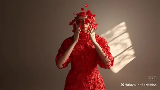 从她的手臂和脸庞开始，碎裂成鲜红的玫瑰花瓣。她的身形不断消散，一片片地，直到最后只剩下漂浮的尘埃，在阳光中渐渐淡去。在整个过程中，阴影和光线必须保持完全不变。鲜红色的颗粒缓缓飘动，既不发光也不反光。确保碎裂过程看起来平滑自然，颗粒的大小和飘动方向保持一致，且无扭曲消散以后，我躺的地方不要有花瓣手臂不要变胖。包括其他地方 by Hailuo AI Video Generator