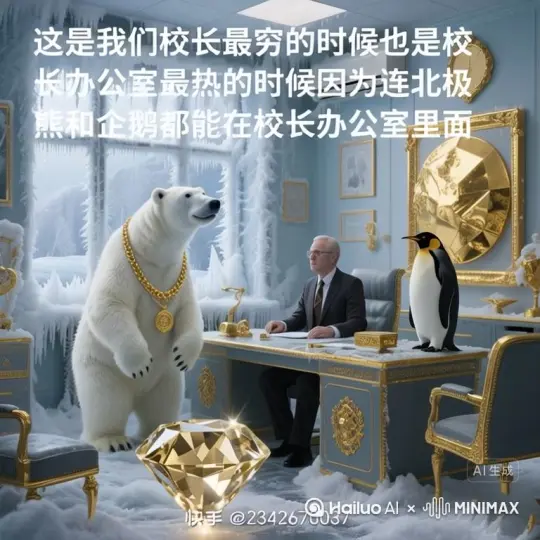 北极熊拿着自拍杆，来到校长办公室内，结果发现这里特别冷，根本受不了在镜头前抱怨感叹 by Hailuo AI Video Generator