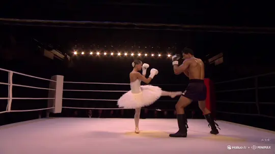 芭蕾舞演员与拳击运动员在擂台上打拳，芭蕾舞者用标志性的芭蕾舞与拳击运动员的标志性拳击动打 by Hailuo AI Video Generator
