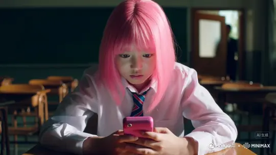 [拉远]课间JK粉发女生课桌下偷看粉色翻盖手机，屏幕亮光照亮紧张表情，教室后门阴影中老师身影渐近。 by Hailuo AI Video Generator