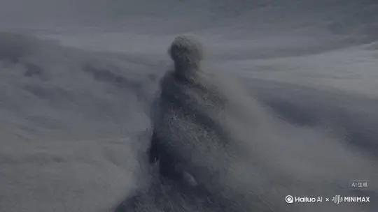 [左移,上升]帮我生成一个视频：让图片中的场景动起来人物变成无数灰色沙尘消失在视频中向右吹走（沙尘数量只在人物漫漫中涌出，然后消失）原比例。模型  高品质[左移,推进,右摇] by Hailuo AI Video Generator