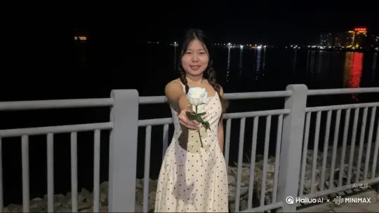 让图片中的场景动起来，人物变成无数红色花瓣消失在视频中，向右吹走，原比例，比例16:9，时长5s，模型 高品知[左移,右摇,跟随] by Hailuo AI Video Generator