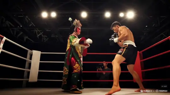 京剧舞者与拳击运动员在擂台上打拳，京剧演员穿着标志性的京剧服装用标志性的京剧动作与拳击运动员的标志性拳击动作互打 by Hailuo AI Video Generator