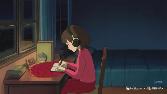 [场景主题：寂静夜晚] [主体：一个带耳机的漫画少女坐在卧室窗台边的书桌上写日记] [环境：卧室窗台]
【画面：温馨、暖色调】帮我生成一个视频：让图片中的场景动起来，人物变成无数红色花瓣消失在视频中，向右吹走，原比例。比例 1:1时长 5s，模型 高品质。比例 9:16。 by Hailuo AI Video Generator