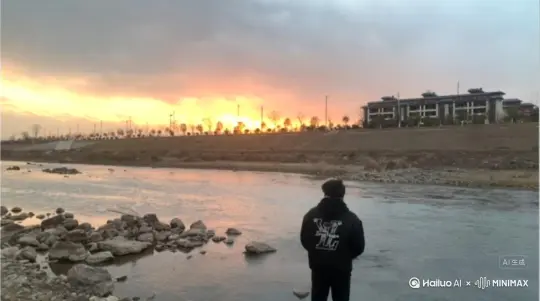 帮我生成一个视频：让图片中的场景动起来，人物变成无数红色玫瑰花瓣[右移,左摇,跟随]失在视频中，向右吹走，（沙尘数量只在人物慢慢中涌出，然后消失）原比例。模型 高品质 by Hailuo AI Video Generator
