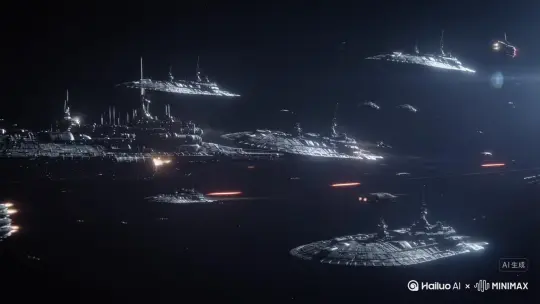 在外台空在外太空里面有很多很多种，很大很大的星际飞船，在打仗，战火纷飞，中间还有许多小飞船在来回穿梭，突然一个炮弹打到一艘军舰上，那艘太空军舰就直接爆炸了 by Hailuo AI Video Generator