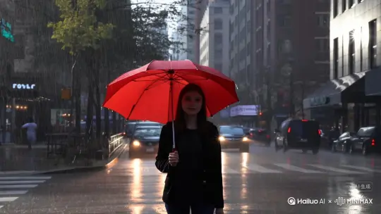 一雨中浪漫，一个女孩撑红伞，正面走来，都市繁华街景，汽车、4k高清，摄影风格， by Hailuo AI Video Generator