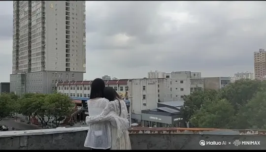 帮我生成一个视频：让图片中的场景动起来，人物变成无数灰色颗粒消失在视频中，向右吹走，原比例。比例 16:9，时长 5s，模型 高品质[右移] by Hailuo AI Video Generator