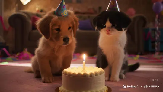 毛茸茸的小狗和小猫一起过生日，一起吹蛋糕上的蜡烛，画面温馨可爱。 by Hailuo AI Video Generator
