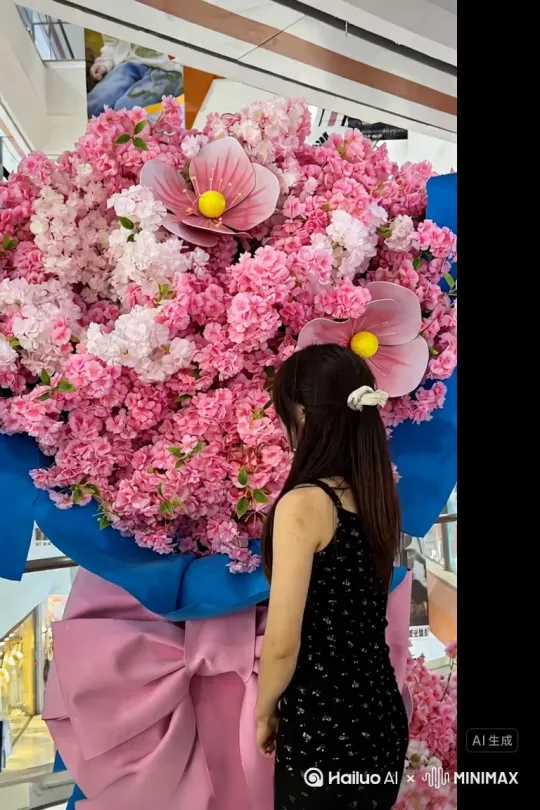 帮我生成一个视频:让照片中的场景动起来，人物变成无数彩色玫瑰花片消失在视频中，头部最后消失，向右吹走，原比例，比例16.9，时长5s，模型高品质 by Hailuo AI Video Generator