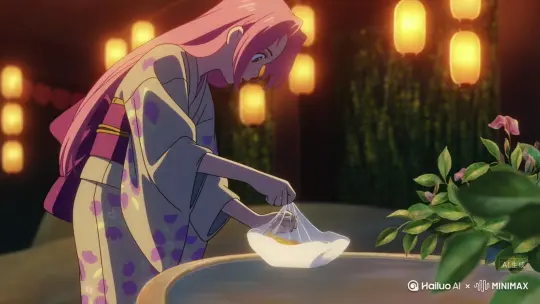 粉色长发女生，衣服是米黄色、紫色牵牛花图案的浴衣，她正在捞金鱼网破，水花四溅，浴衣带子松开一角，灯笼光影摇曳。 by Hailuo AI Video Generator