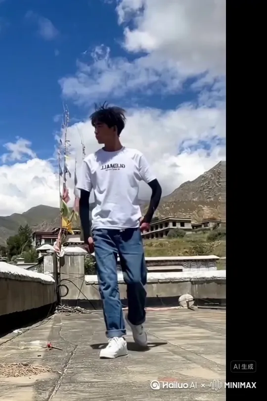 主体人物身上变出一大团微小深红色花瓣，花瓣向外爆炸式扩散主体人物身体，随之从四肢开始逐渐瓦解，化作无数红色粒子轻盈飘散，最终人物完全消失在漫天飞舞的花瓣中，人物完全消失，写实风格电影光效 by Hailuo AI Video Generator