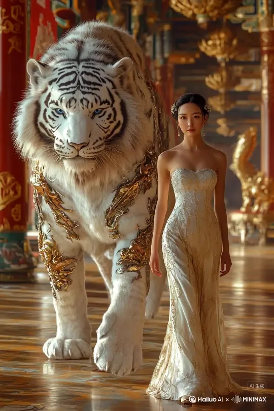 白虎，前面的女人穿着一身白色的旗袍，黑蟒蛇前面的女人穿着一身黑色修身的紧身裙，孔雀，前面走的女人穿着非常靓丽，和孔雀一样的颜色的拖尾裙
白灵鹤，前面走的女人穿着羽毛一样的衣服
 by Hailuo AI Video Generator