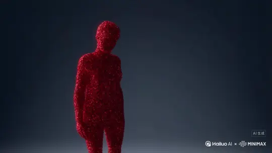 主体人物身上变出一大团微小深红色花瓣，花瓣向外爆炸式扩散，主体人物身体随之从四肢开始逐渐瓦解，化作无数红色粒子轻盈飘散，最终人物完全消散在漫天飞舞的花瓣中，人物完全消失，写实风格，电影光效 by Hailuo AI Video Generator