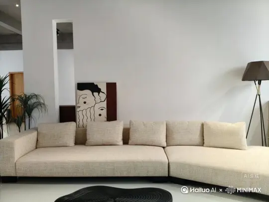 亚麻质感的薄荷绿沙发，垫子是桃花粉和春日蓝，抱枕做成小鸟巢形状，沙发边缘镶着樱花花瓣般的蕾丝，阳光透过纱帘让沙发泛暖光，影子像树叶轮廓 by Hailuo AI Video Generator