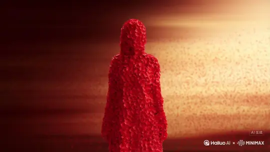 然后对它说：帮我生成一个视频，让图片中的场景动起来，人物变成无数红色玫瑰花片消失在视频中  头部最后消失  向右吹走。原比例比例16:9
5s，模型，高品质 by Hailuo AI Video Generator