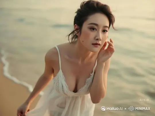 舒展双臂，海风流淌过体表，睡裙迎风轻扬 by Hailuo AI Video Generator