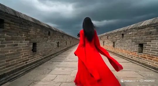 帮我生成一个视频：让图片中的场景动起来，人物变成无数红色颗粒消失在视频中，向右吹走，原比例。比例 16:9，时长 5s，模型 高品质 by Hailuo AI Video Generator
