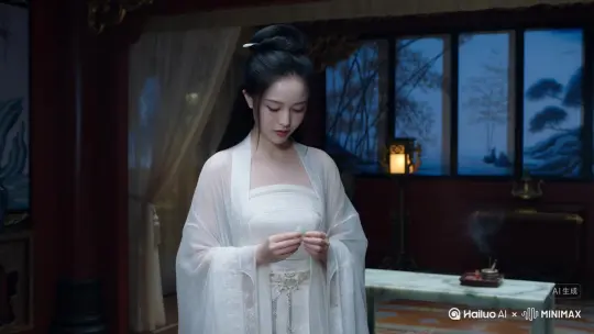场景核心： 东汉末年，司徒王允府邸深处，貂蝉的私人寝宫。深夜，月华如水。

人物：貂蝉 - 站立姿态-正在对着屏幕不停的诉说自己的故事

姿态与氛围：

亭亭玉立于窗边或室内中央（如云母屏风前、锦缎地毯上）。身姿挺拔而柔美，兼具大家闺秀的端庄与绝世美人的风韵。

头部微微侧倾，目光低垂，凝视着手中一件精巧的物件（如一枚温润的环形玉佩、一把未展开的素面团扇、或一只小巧的玉蝉挂饰）。这个凝视的动作赋予画面沉思、忧郁或决绝的复杂情绪，是视觉焦点。

双手姿态自然优雅： 一手轻托/持物件于胸前或腰腹高度，另一手可能自然垂落于身侧，或指尖轻抚物件/袖口。手指纤细修长，动作轻柔如拈花。

整体气质： 美得惊心动魄却带着易碎感，月光下宛如一尊精心雕琢的白玉像。肌肤莹润胜雪，泛着珍珠般柔和的光泽。即使站立，也流露出一种内敛的、令人屏息的吸引力和一丝不易察觉的轻愁。

服饰与细节：

身着华美的汉代曲裾深衣，用料顶级。

外层： 极轻柔的月白色或浅水绿色蝉翼纱/罗，半透明，在月光和烛光下流淌着微妙的光泽，衣袂自然下垂，形成优雅的垂坠线条。

内层/缘饰： 隐约可见精致刺绣的里衣（如水红、藕荷色） 或华丽的锦缎镶边（如金线、银线勾勒的云气纹、凤鸟纹）。腰间束以同色系或对比色的宽锦带，勾勒出不盈一握的腰肢，并可能悬挂丝绦玉佩。

发型： 乌黑如墨的长发梳成汉代流行的发髻（如垂云髻、惊鹄髻的一部分），但部分发丝精心营造出些许松散感：几缕青丝轻柔垂落于颈侧或鬓边，一两缕贴附在光洁的额头或脸颊，增添慵懒妩媚的风情。发髻上点缀少量精致的发饰，如小巧的玉簪、步摇（选择短而精巧的，避免过于张扬） 或新鲜/绢制的素雅花朵（如白兰、茉莉），在月光下闪着微光。

环境 (寝宫)：

背景： 精雕细琢的木质窗棂（如菱形格、云纹） 敞开，窗外是婆娑的竹影或一弯清冷的弦月。室内可见华丽的云母屏风，屏风上可能绘有山水或仕女图。

地面： 铺设精美的锦缎或织花地毯。

光源： 清冷的月光是主光源，大面积洒入室内，勾勒人物轮廓，营造静谧感。辅以室内一盏或数盏造型古朴优雅的青铜灯/宫灯，发出温暖的、跳动的烛光，照亮局部细节（如面部、手中的物件、衣饰纹理），形成冷暖对比，增加层次和戏剧性。烛光在屏风、地面投下摇曳的光影。

陈设： 可见低矮的漆案（上或有未收起的古琴/阮咸、展开的书简/帛画、青瓷香炉飘散着袅袅轻烟）、舒适的锦垫/坐榻、丝绸帷幔（颜色雅致，如浅紫、烟灰）从梁上垂落，部分挽起。整体陈设奢华但不庸俗，透着文雅气息。

氛围细节： 空气中仿佛弥漫着清幽的熏香（如檀香、沉香）。环境极度静谧，只有月光流淌和烛火轻响。

关键视觉提示：

人物： 汉代仕女，绝世美女貂蝉，站立姿态，亭亭玉立，头部微侧低垂，凝视手中玉佩/团扇/玉蝉，眼神忧郁复杂，肌肤胜雪珍珠光泽，黑发精致发髻有松散发丝，月白/浅绿半透明纱衣，华丽曲裾深衣，锦带束腰，轻柔优雅的手部动作。

环境： 汉代奢华寝宫，雕花窗棂，竹影/弦月，云母屏风，锦缎地毯，青铜宫灯/灯盏（烛光），漆案（古琴/香炉/书简），丝绸帷幔，静谧月夜，月光与烛光交织（冷暖光对比），熏香烟气。

氛围： 绝美、精致、脆弱、忧郁、静谧、古典、奢华内敛、光影层次丰富、戏剧性。

这个描述突出了站立时貂蝉修长优雅的身姿，通过低垂的视线和手中物件强化了人物内心的复杂情绪，同时保留了环境奢雅静谧的氛围和关键的光影效果，为图像生成提供了丰富的视觉线索。 by Hailuo AI Video Generator