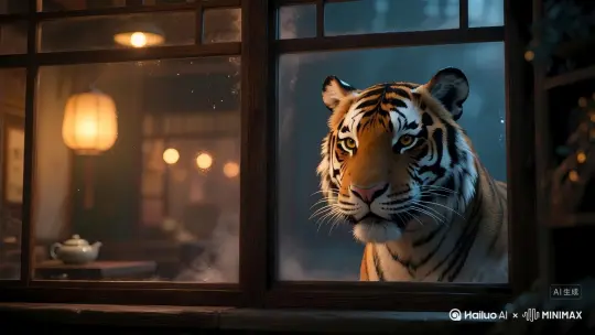 16:9 近景，茶馆后窗半明半暗，窗棂木纹清晰；老虎半脸藏于阴影，鼻尖贴玻璃留水汽痕迹，耳朵前倾，胡须微颤，眼神聚焦室内 by Hailuo AI Video Generator