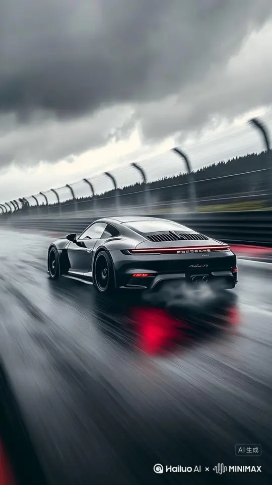 汽车快速的行驶在下雨天的赛道上【跟随，晃动】，汽车时速200km/s，车轮行驶过程中溅起微弱的水雾，画面要极度逼真，画质清晰，电影级 by Hailuo AI Video Generator